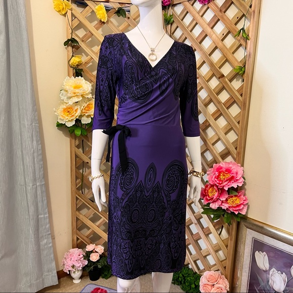 Charlie Brown V-Neck Midi 3/4 Sleeves Dress Midnight Blue Violet w Black Pattern - Picture 11 of 14